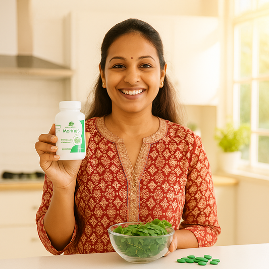 Woman holding a bottle of Morinda supplements with a bowl of greens in a kitchen setting