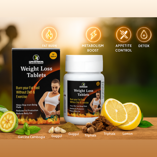 Weight loss tablets packaging with ingredients and benefits on a wooden surface.