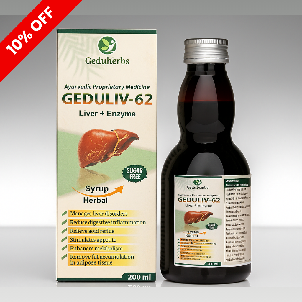 Geduliv-62 liver + enzyme syrup packaging with bottle on a gray background