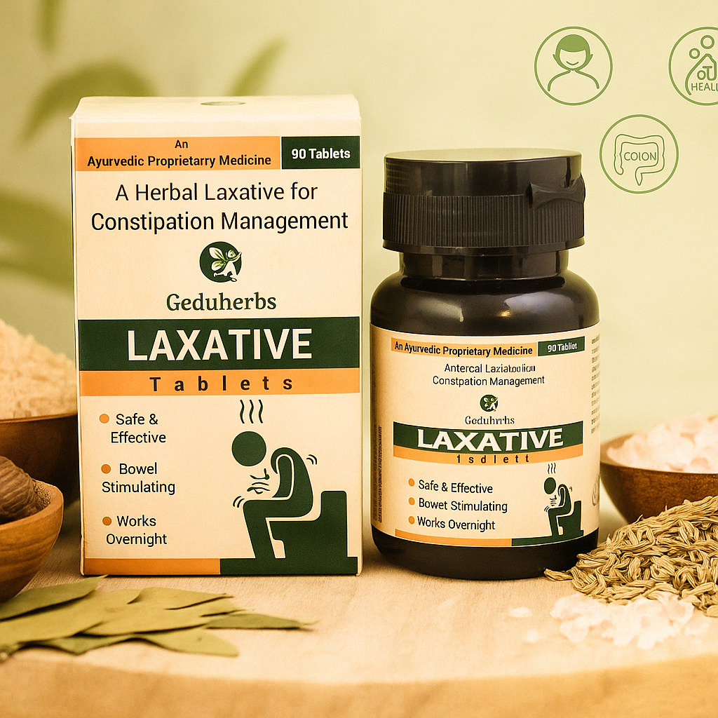 Geduherbs laxative tablets packaging on a wooden surface with herbs and bowls.